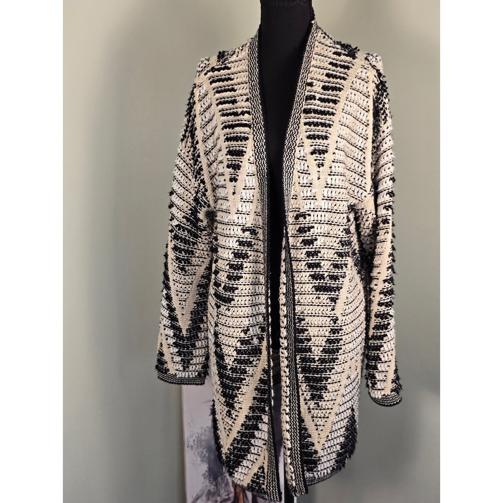 Lucky Brand Wmn XL Black Cream Geometric Knit Open Front Cardigan Sweater Boho